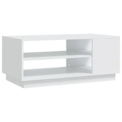 A white, modern TV stand with two open shelves and a closed cabinet on the right, shown against a white background.
