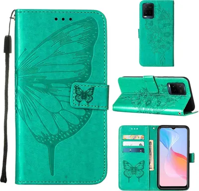 Produktbild von VIVO Y21 2021 Hülle, Schmetterling Prägung Flip Leder Kartenfächer Schutzhülle Ledertasche mit Ständer für VIVO Y21 2021 / Y33S Y21S Grün