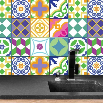 Produktbild von WALPLUS 24 Stück Selbstklebende Aufkleber für die Küchenrückwand, 15 x 15 cm, für Backsplash Küche zum Abziehen und Aufkleben Klassische Spanische Bunte Gemischte Fliesenklebefolien