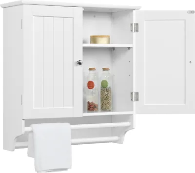Produktbild von Yaheetech Hängeschrank, Weiß, 60x64x22.5 cm, 2 Türen, Handtuchhalter, Metall & MDF, 2-stufiger Stauraum, Pflegeleicht, Wasserabweisend
