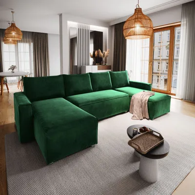 Produktbild von Masseno Ecksofa DENI mit Schlaffunktion U-Form, Sofa mit Bettkasten, Wohnzimmersofa, Couch, Soffa, Bettsofa, Couchgarnitur- Grün, MONOLITH 37