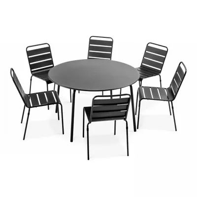 Image de Ensemble table de jardin ronde et 6 chaises en métal anthracite - Oviala Palavas