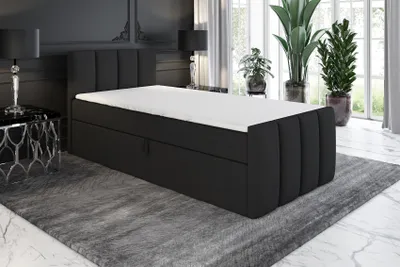 Produktbild von Boxspringbett, Jugendbett FUNI 80x200 (Links) mit Bettkästen, Bonell-Matratze und Topper. Farbe: Schwarz.