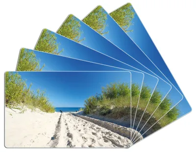 Produktbild von Wallario Frühstücksbrettchen 6er Set aus Glas, je 14 x 23 cm, mit rutschfesten Füßen, Motiv Auf dem Sandweg zum Strand - Blauer Himmel über dem Meer