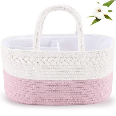 Productafbeelding van Baby Luiertas Organizer voor Meisjes, Handgevlochten Opbergmand (Roze)