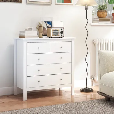 Produktbild von ZMH Kommode mit 5 Schubladen, Aufbewahrungsmöbel, mit Griffen und Metallschienen, aus Holz, 79 cm (B) x 39,5 cm (T) x 80,5 cm (H), weiß