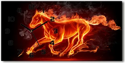 Produktbild von Wanduhr aus Glas – 60x30 cm - Glasbild - Glasuhr - Gehärtetes Glas - schwarze-zeiger - Pferd in Flammen