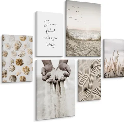 Zdjęcie produktu dla MURALO ZESTAW OBRAZÓW DO SYPIALNI MORZE PLAŻA MUSZLE STYL BOHO ROŚLINY 90x80 - 2 Obrazy 30x40 i 4 Obrazy 20x30