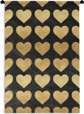 Produktbild von MuchoWow® Wandteppich Wandbehang Muster - Herz - Gold - Schwarz 60x90 cm Tapisserie Dekoration Wandtuch - Foto-Teppich - Abwaschbar