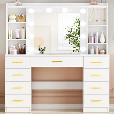 Immagine prodotto di Tavolino da trucco - Specchio con illuminazione LED - 9 cassetti e 3 colori di illuminazione LED