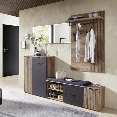 Produktbild von Modernes Garderobenset LORIENT-36 in Cosmos grau matt mit Flagstaff Eiche Umbra Nb., B/H/T ca. 231/204/38 cm