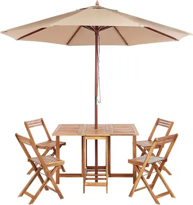 Produktbild von BELIANI Gartenmöbel Set Hellbraun Akazenholz 6-Teilig Klapptisch mit 4 Klappstühlen und 1 Sonnenschirm Runstikales Design Outdoor Terrasse Garten