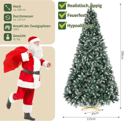 Zdjęcie produktu dla Sztuczna choinka - Jodła kanadyjska - Wysokość 150 cm - Gęsta i obszerna - PVC/PE - Pokryta śniegiem - Zielona z szyszkami i śniegiem