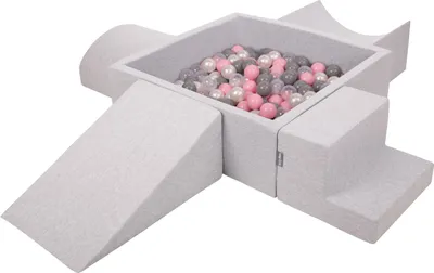 Zdjęcie produktu dla KiddyMoon piankowy plac zabaw ppzp-kw30d-115 z piłeczkami jasnoszary: perła-szary-transparent-pudrowy róż basen 200/klin l/rampa l/półwałek l/schodek zabawka plac zabaw