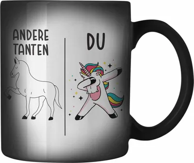 Produktbild von Trendation - Beste Tante Geschenk Farbwechsel Zauber-Tasse mit Spruch Karabiner Farbwechsel Zauber-Tasse Edelstahl für Tante (Schwarz)
