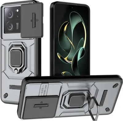Immagine prodotto di Custodia per Xiaomi 13T / 13T Pro/Redmi K60 Ultra a doppio strato con protezione scorrevole per la fotocamera e supporto ad anello, supporto Grigio