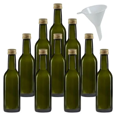 Produktbild von 10 grüne Glasflaschen 250 ml mit Schraubverschluss und Trichter