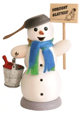 Produktbild von Drechslerei Kuhnert - Räucherfigur Schneemann mit Glatteis Schild - Größe ca. 13cm, für Räucherkerzen Größe M (Standard) - 35004