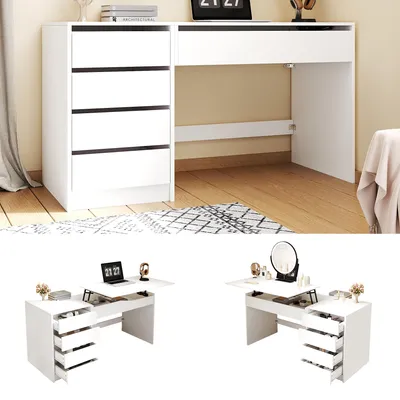 Image de 120 × 50 × 78–92 cm, bureau réglable en hauteur avec 4 tiroirs – à la fois coiffeuse blanche et bureau d'ordinateur, avec réglage manuel de la hauteur et espace de rangement dissimulé, bureau, coiffeuse