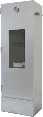A tall, gray electric smoker with a glass window on the front and a thermometer on top.