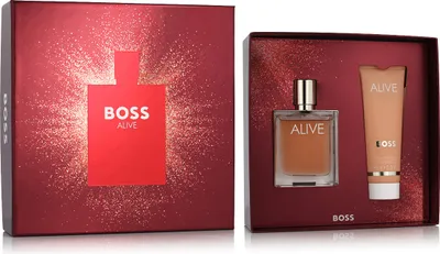 A gift set containing perfume and body lotion, presented in a festive red box with glitter accents.