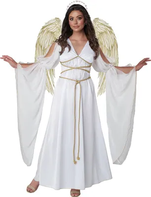 A woman dressed in a white angel costume with gold wings and a halo.