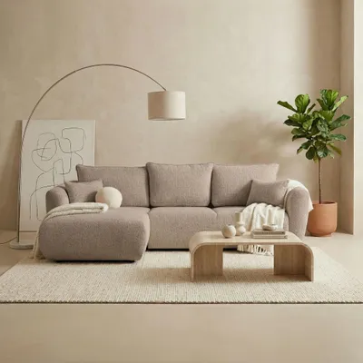 Produktbild von L-Form Ecksofa – Links – Modernes Sofa mit Schlaffunktion und Bettkasten – Liegefläche 210 × 140 cm – Dunkelbeige Strukturstoff Chenille