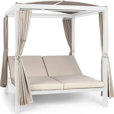 A white outdoor double lounge chair with beige cushions and brown curtains, set against a white background.