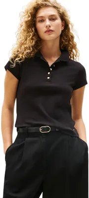 Produktbild von Tommy Hilfiger Damen Poloshirt Kurzarm Gold Button Slim mit Stretch, Schwarz (Bl