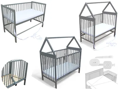 Produktbild von Kinderbett - Beistellbett - Babybett Haus 120x60cm mit Matratze Gurt und Rädern grau