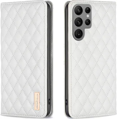 A white quilted flip-style phone case is shown open and closed.