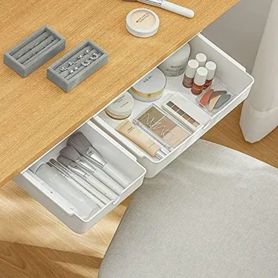 Produktbild von PolkaHome® Schreibtisch-Schubladen-Organizer-Set aus 2 Stück, selbstklebende Aufbewahrungsboxen für Büro, Wohnzimmer oder Schränke - Weiß