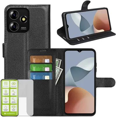 Obrázek produktu pro Pro ZTE Blade A73 4G / V50s / Axon 50 Lite Pouzdro na mobilní telefon černé z umělé kůže + tvrzené sklo H9