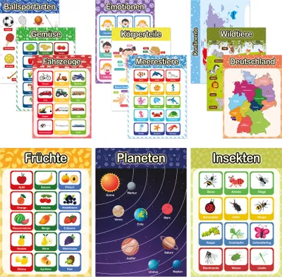 Produktbild von LIKARTO 12 pädagogische Montessori Lernposter A4 - Extra dickes Papier und beidseitig laminiert - Grundlagen 2, Lernposter Grundschule, Lernhilfe