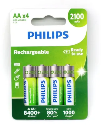 Produktbild von Philips Rechargeables Akku R6B4A210/10, Wiederaufladbarer Akku, 1,2 V, 2100 mAh, 2 Jahr(e), Cd (cadmium), Hg (Quecksilber), 78 g