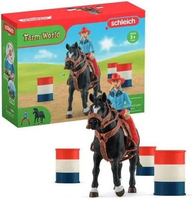 Produktbild von Cowgirl Figur mit Pferd und Rennfässern, Schleich Farm World 42576, 7-teiliges Set
