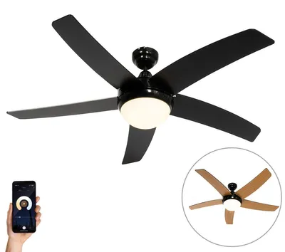 Zdjęcie produktu dla Inteligentny wentylator sufitowy czarny z drewnianym nadrukiem 132 cm z LED z możliwością ściemniania z pilotem - Cool