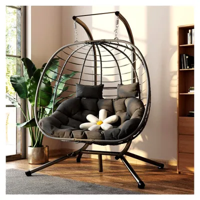 Produktbild von Doppel-Hängesessel mit Gestell und Kissen, wetterfestes Rattan für 2 Personen, Schaukelsessel für Garten, Balkon, Terrasse, Innen- und Außenbereich, Grau