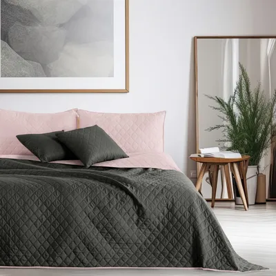 Produktbild von Tagesdecke Bettüberwurf Steppung pflegeleicht 260 x 280 cm - Anthrazit-Rosa
