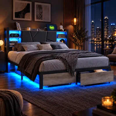 Produktbild von Stauraum-Metallbett 160x200 cm | RGB LED Bett mit Ladestation & 2 Schubladen
