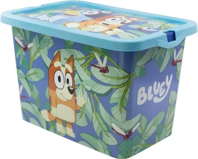 A Bluey themed storage box with a blue lid and sides decorated with jungle leaves and characters from the show.