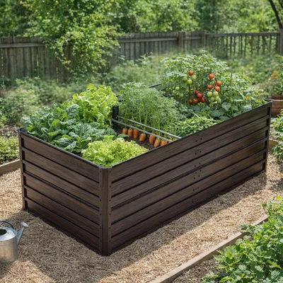 Image de Bordure de jardin surélevée en métal, dimensions 190x90x64 cm, sol ouvert, conçue pour supporter des charges lourdes, résistante aux intempéries et à la rouille, imitation bois. Couleur : marron