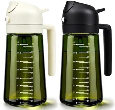 Produktbild von 2 Stück 2 in 1 Ölsprüher für Speiseöl, Olivenöl Flasche mit Messskala, 470ML UV-Schutz, lebensmittelechte Öl Sprühflasche, Cooking Oil Sprayer, Ölsprüher für Heißluftfritteuse, Kochen, Grillen, Küche