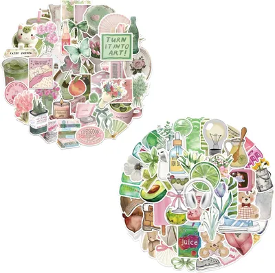 Image de Lot de 100 autocollants pour scrapbooking, différents motifs, couleurs rose et vert, idéal pour les carnets