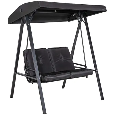 Produktbild von Outsunny Hollywoodschaukel 2-Sitzer Gartenschaukel mit Verstellbarem Dach, Kissen, Schaukelbank bis 220 kg Belastbar, für Garten, Balkon, Schwarz