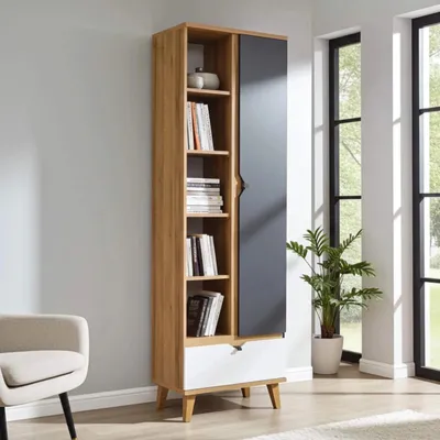 Productafbeelding van RAVIO Boekenrek Aster R1D1SZ, staand boekenkast met 5 open planken, hoge kast (gouden eik / grafiet + wit)