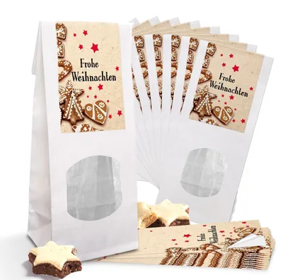 Produktbild von Blockbodenbeutel weiß mit Sichtfenster, Folieneinlage und Banderole Frohe WeihnachtenWeihnachtsplätzchen beige rot / 10 Stück