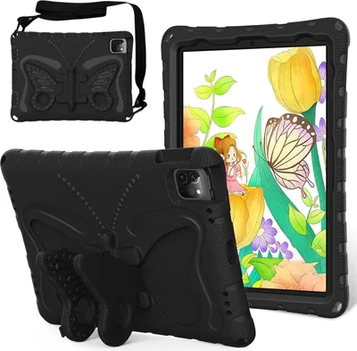 Obrázek produktu pro Dětské pouzdro pro iPad 2025/2022 11th Gen 11" (A16)/10th Gen 10,9", iPad Air 5/4, lehké EVA pouzdro proti nárazům s ramenním popruhem a motýlkovým stojánkem Černá