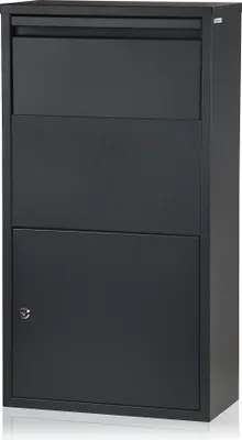A dark gray mailbox with a parcel compartment and a lock is shown against a light gray background.