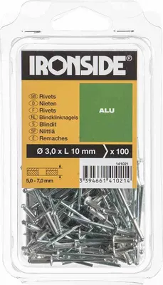 Produktbild von Ironside IR141021, Blindniete, Aluminium, Edelstahl, Edelstahl, 3 mm, 10 mm
